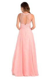 Blush Long Chiffon Dress with Lace Applique Top by Poly USA-Long Formal Dresses-ABC Fashion