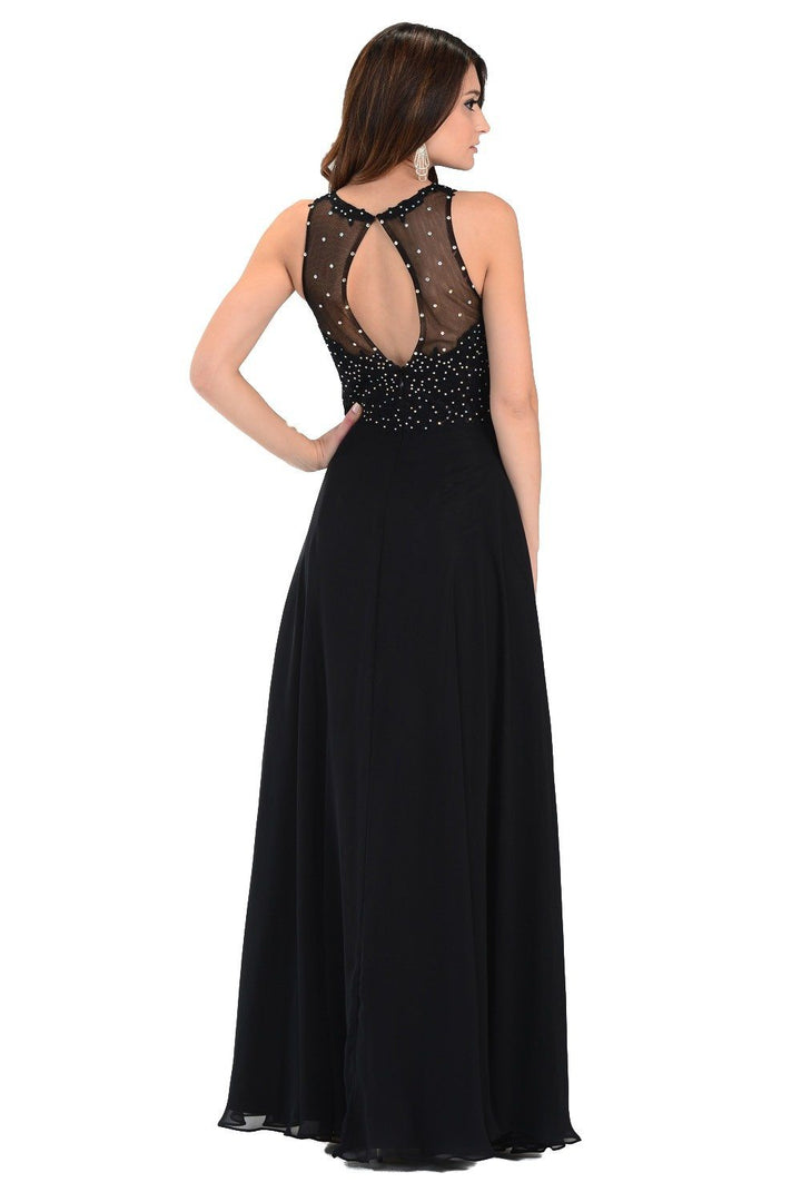 Blush Long Chiffon Dress with Lace Applique Top by Poly USA-Long Formal Dresses-ABC Fashion