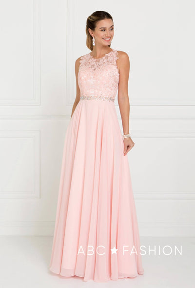 Blush Long Lace Appliqued Chiffon Dress by Elizabeth K GL2417-Long Formal Dresses-ABC Fashion
