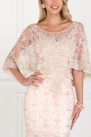 Blush Long Lace Appliqued Dress with Attached Cape by Elizabeth K-Long Formal Dresses-ABC Fashion