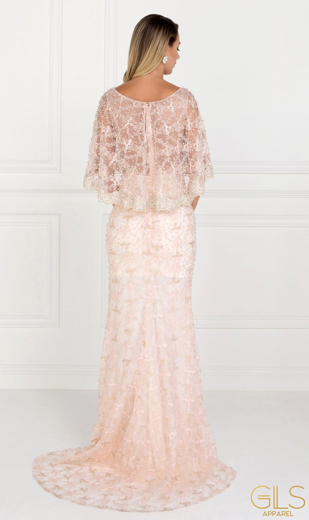 Blush Long Lace Appliqued Dress with Attached Cape by Elizabeth K-Long Formal Dresses-ABC Fashion
