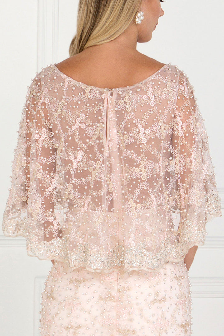 Blush Long Lace Appliqued Dress with Attached Cape by Elizabeth K-Long Formal Dresses-ABC Fashion