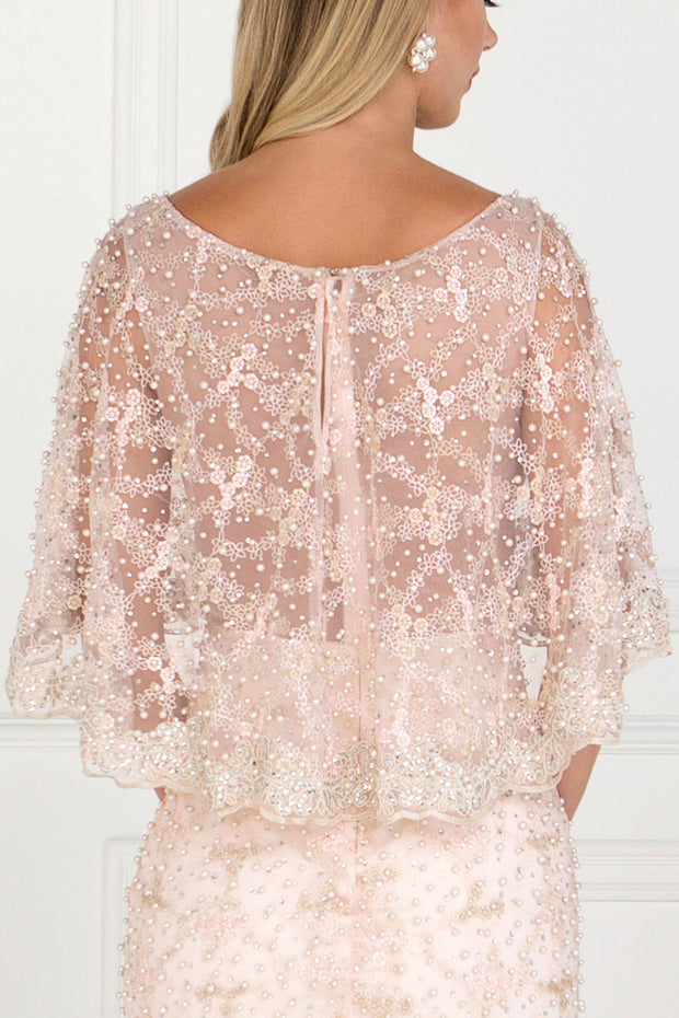 Blush Long Lace Appliqued Dress with Attached Cape by Elizabeth K-Long Formal Dresses-ABC Fashion