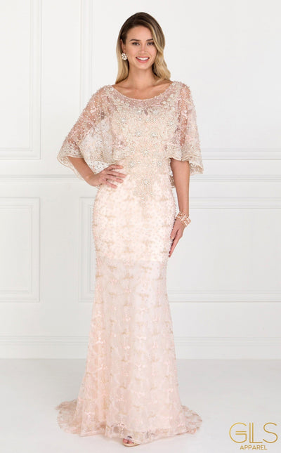 Blush Long Lace Appliqued Dress with Attached Cape by Elizabeth K-Long Formal Dresses-ABC Fashion