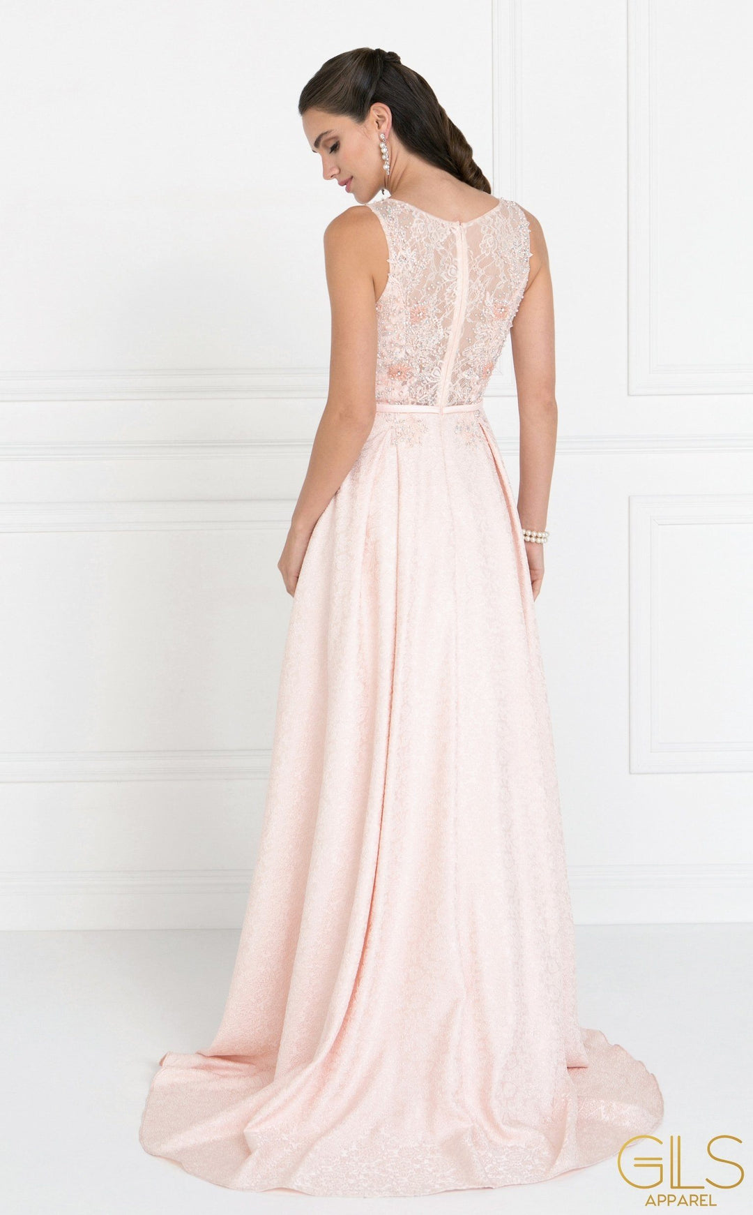 Blush Long Lace Bodice Dress with Pockets by Elizabeth K GL1545-Long Formal Dresses-ABC Fashion