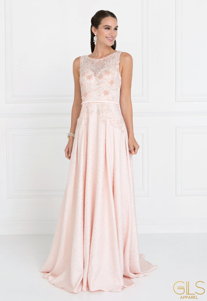 Blush Long Lace Bodice Dress with Pockets by Elizabeth K GL1545-Long Formal Dresses-ABC Fashion