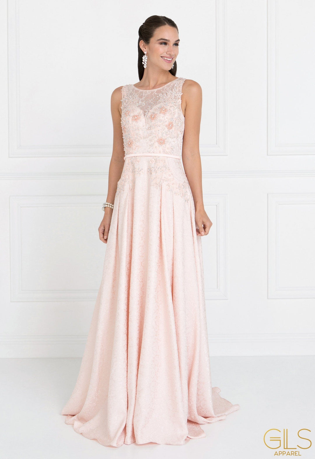 Blush Long Lace Bodice Dress with Pockets by Elizabeth K GL1545-Long Formal Dresses-ABC Fashion