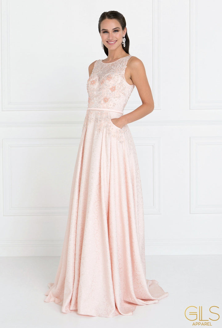 Blush Long Lace Bodice Dress with Pockets by Elizabeth K GL1545-Long Formal Dresses-ABC Fashion