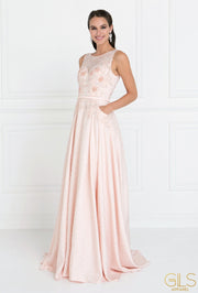 Blush Long Lace Bodice Dress with Pockets by Elizabeth K GL1545-Long Formal Dresses-ABC Fashion