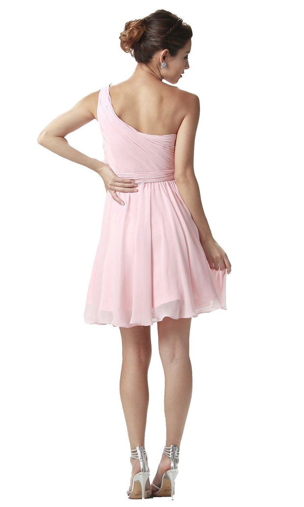 Blush Pink Short One Shoulder Ruched Dress by Poly USA-Short Cocktail Dresses-ABC Fashion
