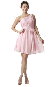 Blush Pink Short One Shoulder Ruched Dress by Poly USA-Short Cocktail Dresses-ABC Fashion