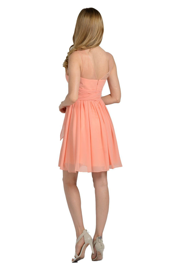 Blush Pink Short Sleeveless Illusion Dress with Bow by Poly USA-Short Cocktail Dresses-ABC Fashion