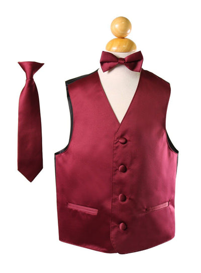Boys Burgundy Satin Vest with Neck Tie and Bow Tie-Boys Vests-ABC Fashion