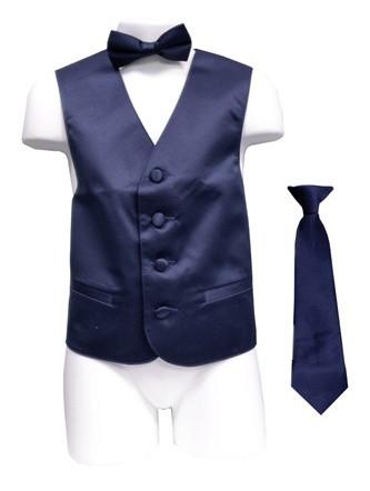 Boys Navy Blue Satin Vest with Neck Tie and Bow Tie-Boys Vests-ABC Fashion