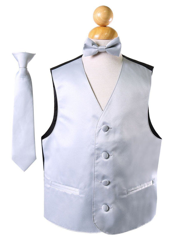 Boys Silver Satin Vest with Neck Tie and Bow Tie-Boys Vests-ABC Fashion