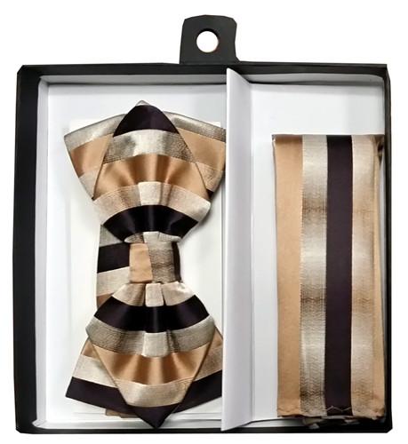 Brown Striped Bow Tie with Pocket Square (Pointed Tip)-Men's Bow Ties-ABC Fashion