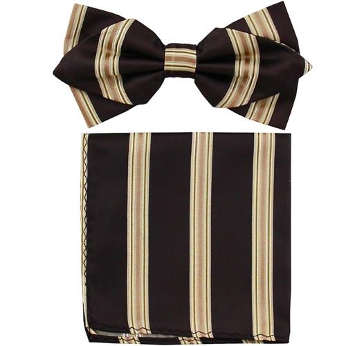 Brown Striped Bow Tie with Pocket Square (Pointed Tip)-Men's Bow Ties-ABC Fashion