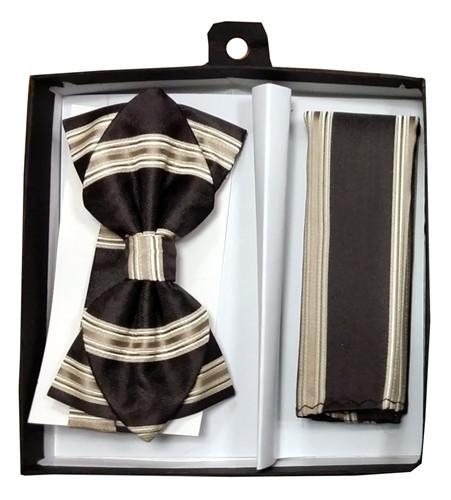 Brown Striped Bow Tie with Pocket Square (Pointed Tip)-Men's Bow Ties-ABC Fashion
