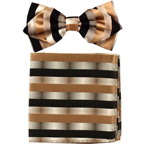 Brown Striped Bow Tie with Pocket Square (Pointed Tip)-Men's Bow Ties-ABC Fashion