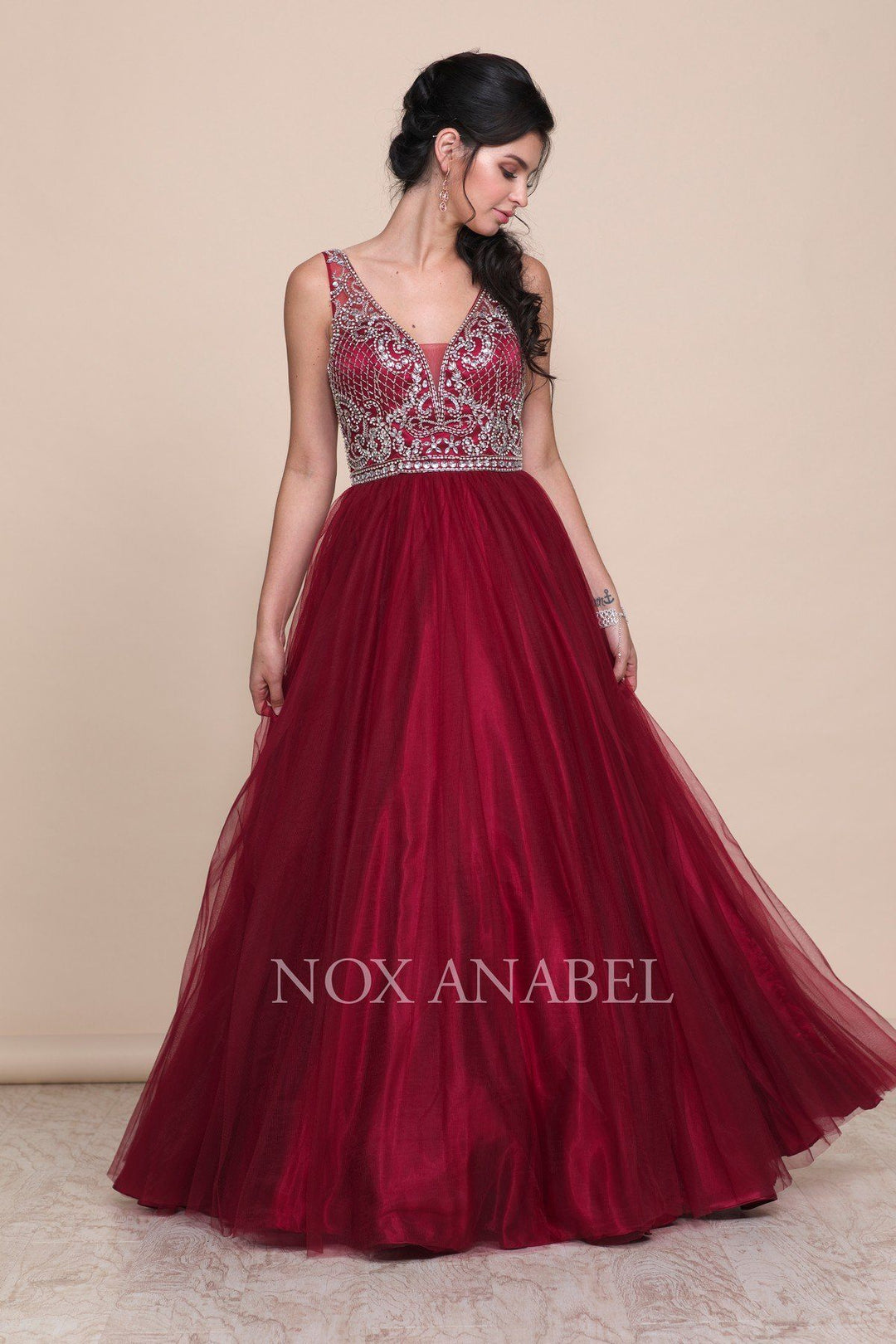 Burgundy A-Line Ball Gown with Beaded Bodice by Nox Anabel G087-Long Formal Dresses-ABC Fashion
