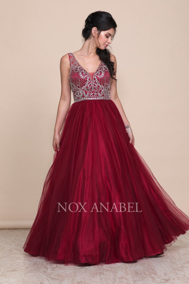 Burgundy A-Line Ball Gown with Beaded Bodice by Nox Anabel G087-Long Formal Dresses-ABC Fashion