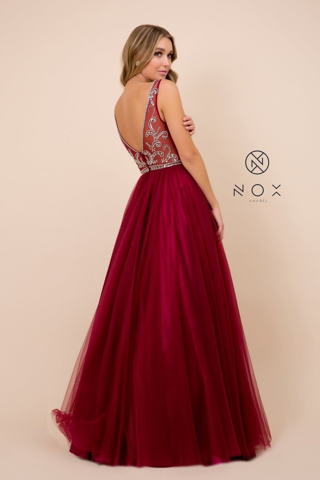 Burgundy A-Line Ball Gown with Beaded Bodice by Nox Anabel G087