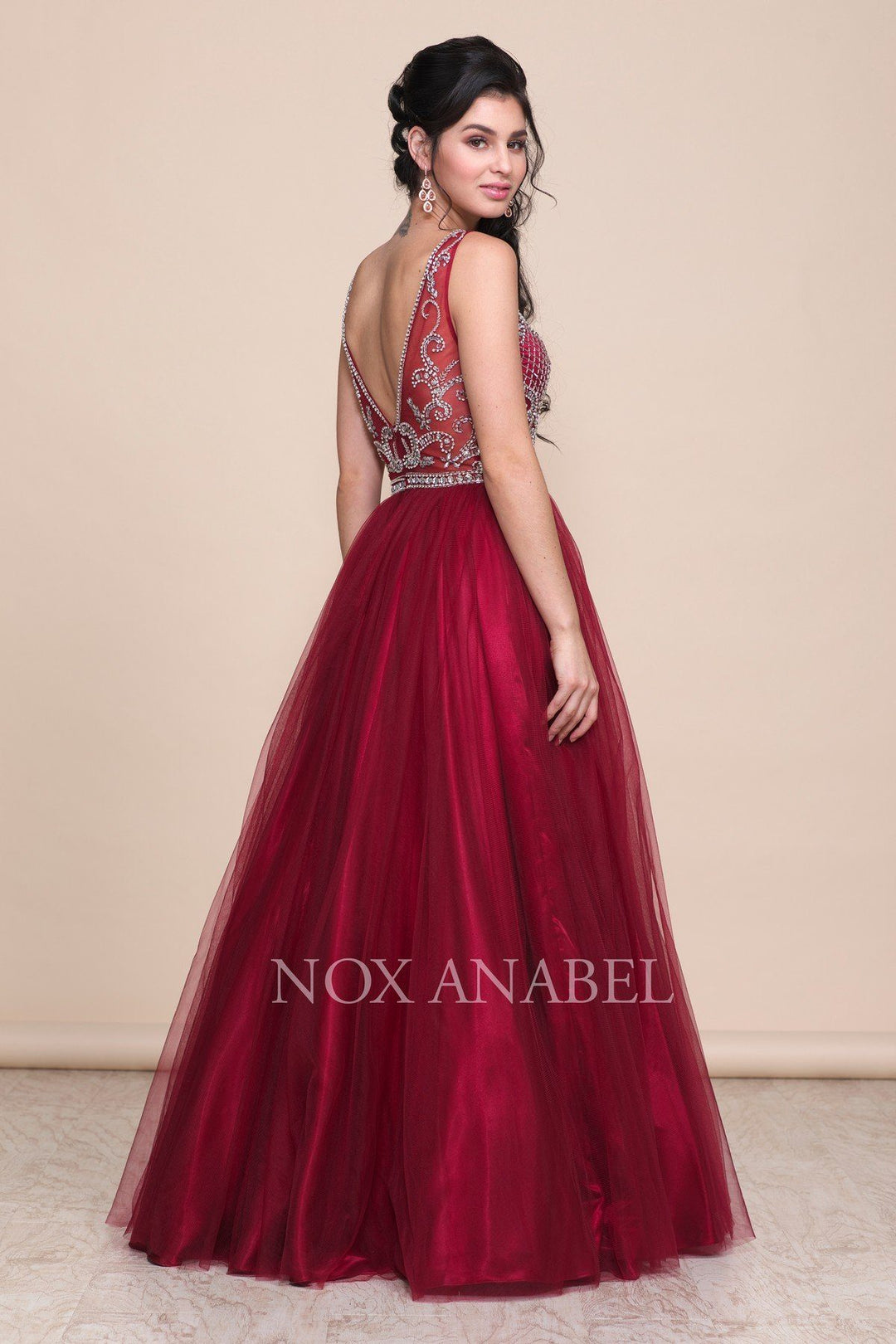 Burgundy A-Line Ball Gown with Beaded Bodice by Nox Anabel G087-Long Formal Dresses-ABC Fashion