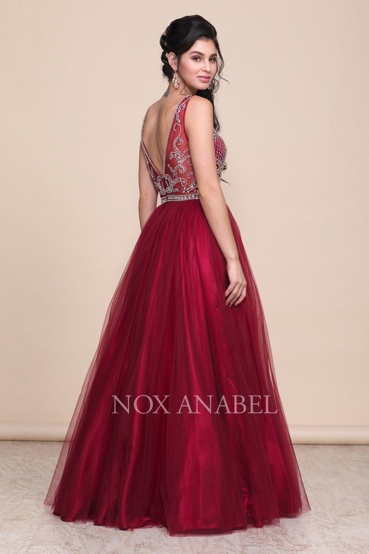 Burgundy A-Line Ball Gown with Beaded Bodice by Nox Anabel G087-Long Formal Dresses-ABC Fashion