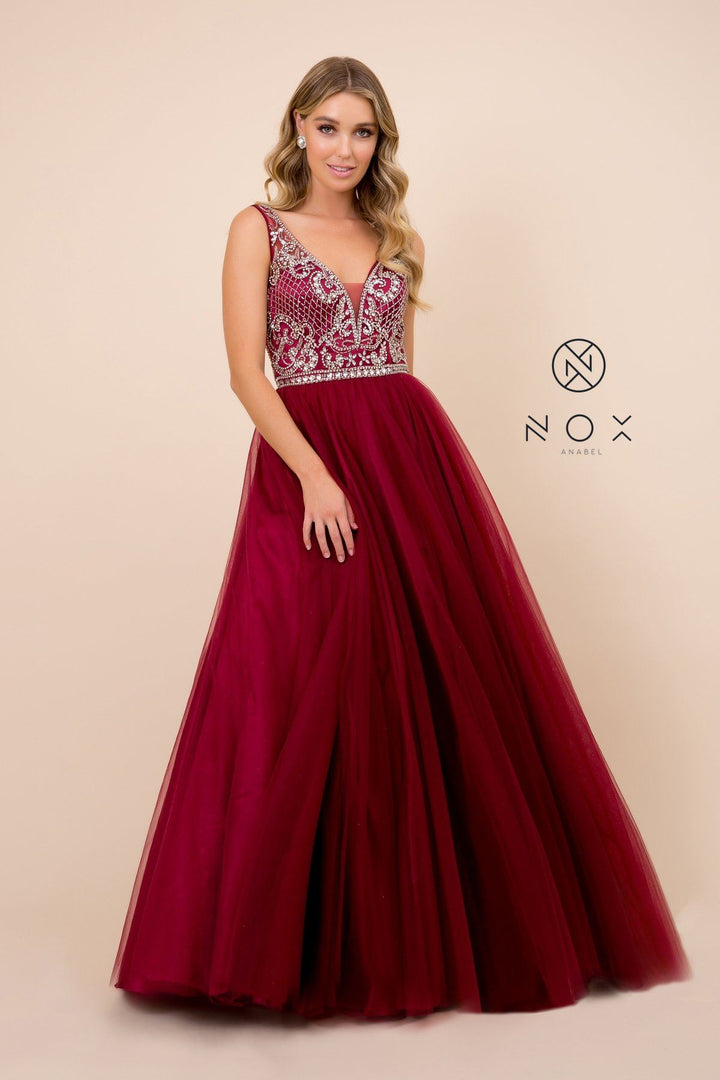 Burgundy A-Line Ball Gown with Beaded Bodice by Nox Anabel G087