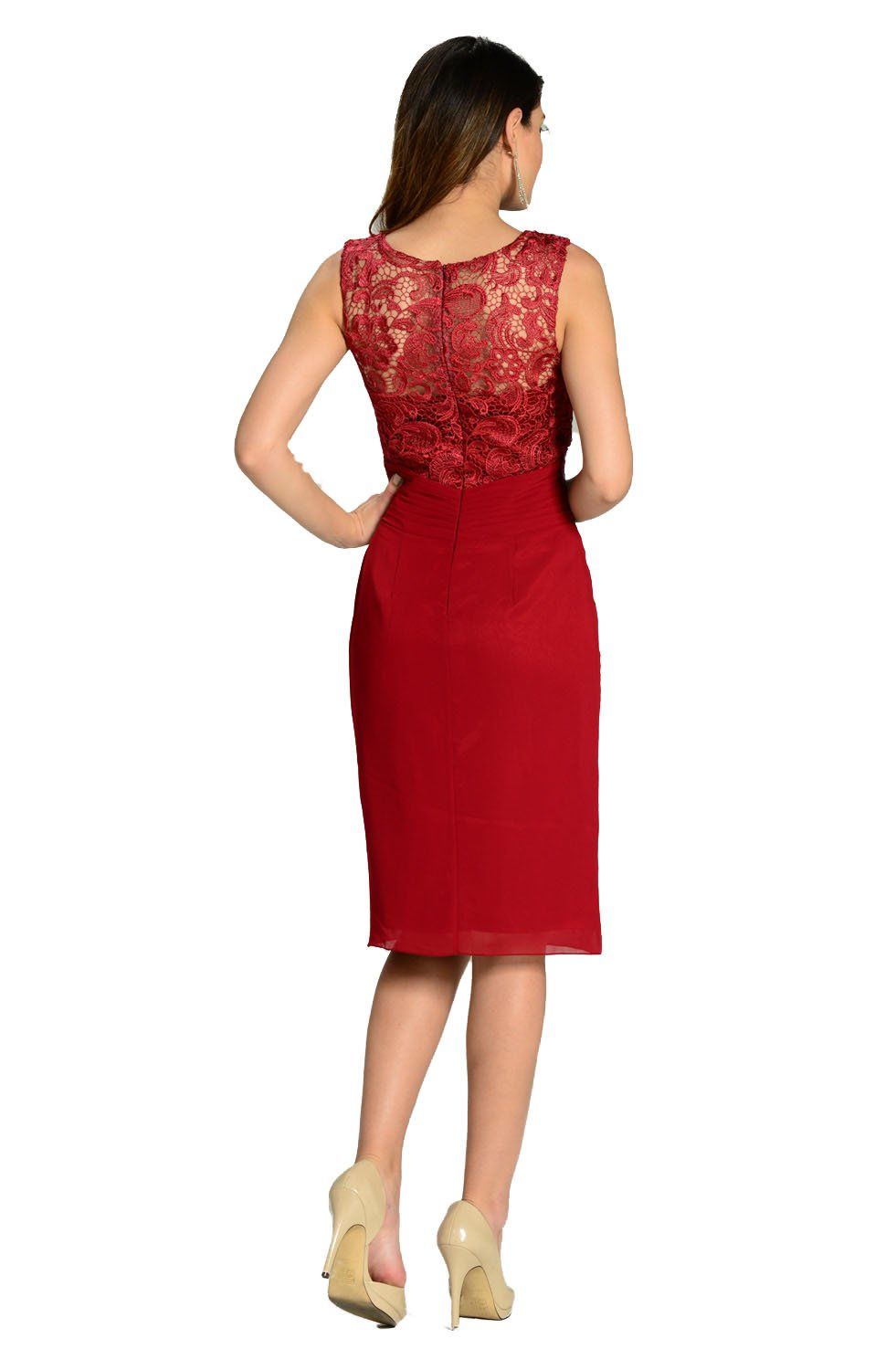 Burgundy Knee Length Chiffon Dress with Lace Top by Poly USA-Short Cocktail Dresses-ABC Fashion