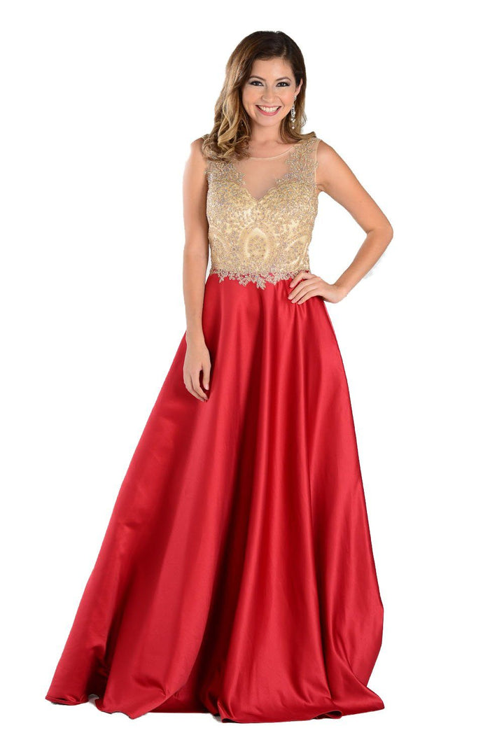Burgundy Long A Line Gown with Lace Applique Bodice by Poly USA-Long Formal Dresses-ABC Fashion