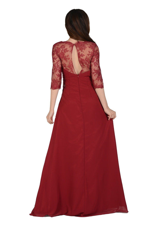Burgundy Long Chiffon Dress with Lace Sleeves by Poly USA-Long Formal Dresses-ABC Fashion