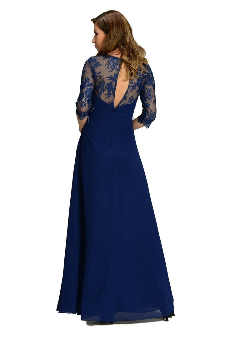 Burgundy Long Chiffon Dress with Lace Sleeves by Poly USA-Long Formal Dresses-ABC Fashion