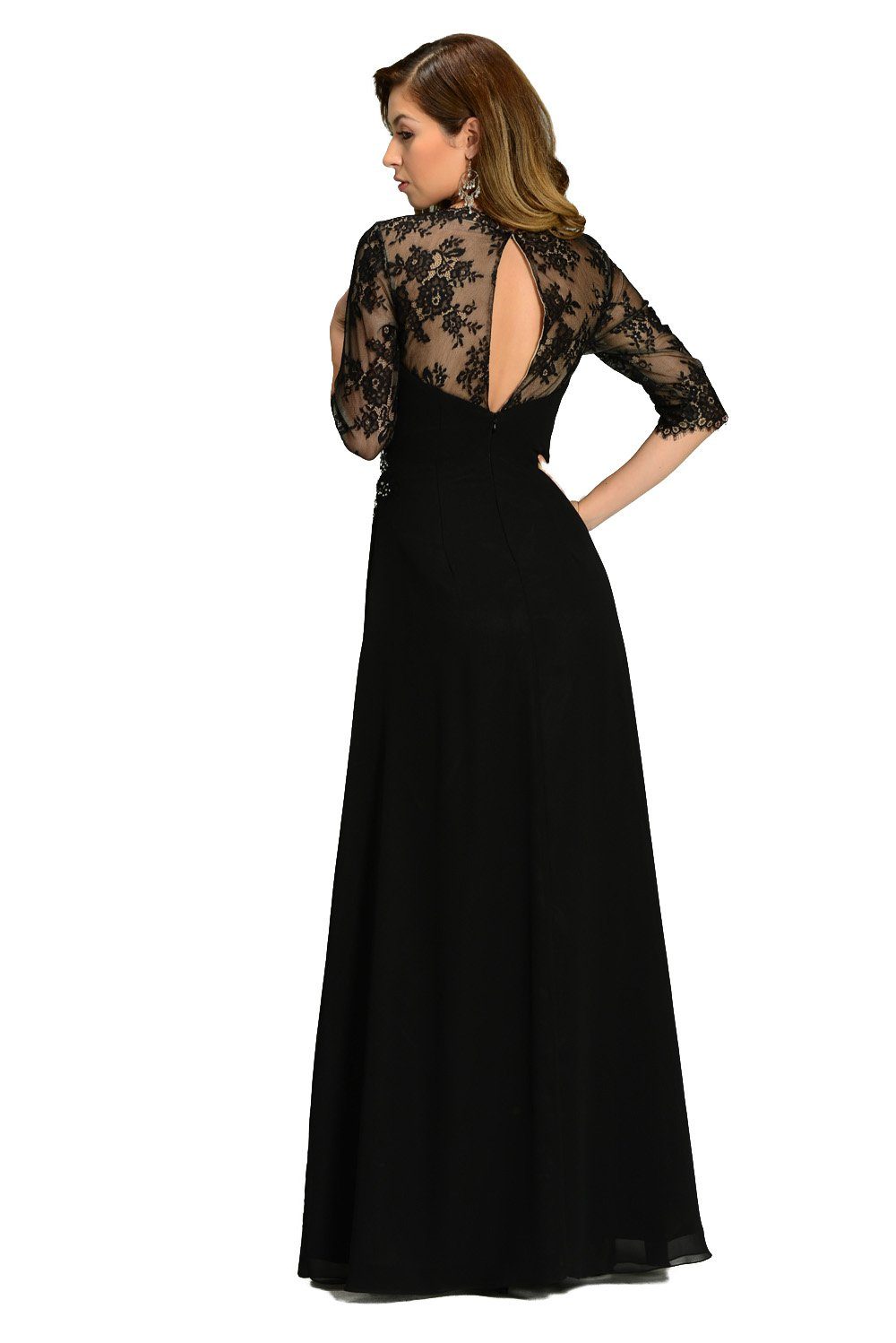 Burgundy Long Chiffon Dress with Lace Sleeves by Poly USA-Long Formal Dresses-ABC Fashion