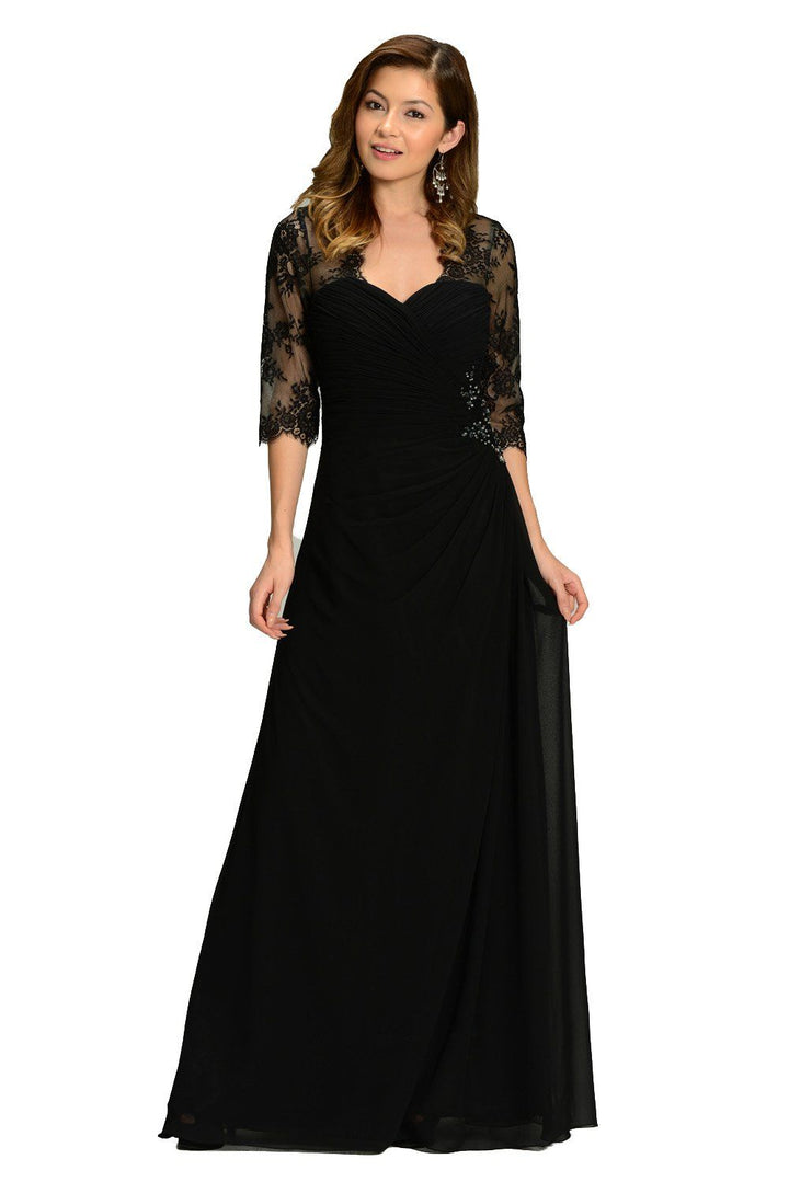 Burgundy Long Chiffon Dress with Lace Sleeves by Poly USA-Long Formal Dresses-ABC Fashion