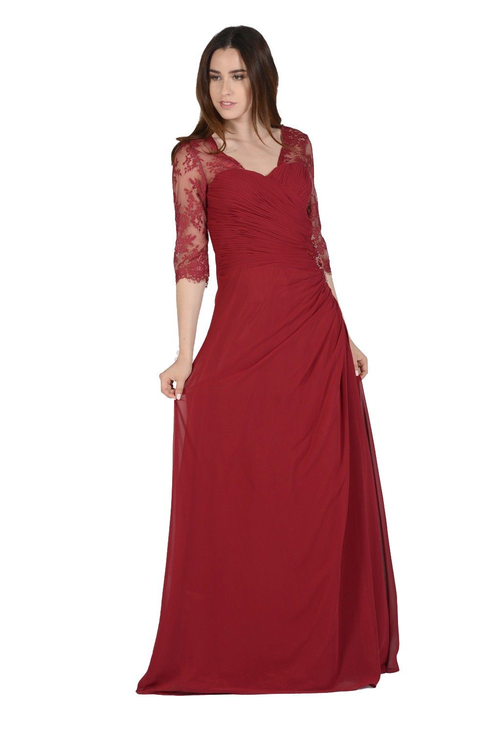 Burgundy Long Chiffon Dress with Lace Sleeves by Poly USA-Long Formal Dresses-ABC Fashion