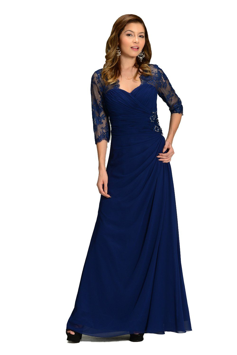 Burgundy Long Chiffon Dress with Lace Sleeves by Poly USA-Long Formal Dresses-ABC Fashion