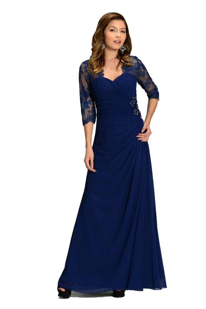 Burgundy Long Chiffon Dress with Lace Sleeves by Poly USA-Long Formal Dresses-ABC Fashion