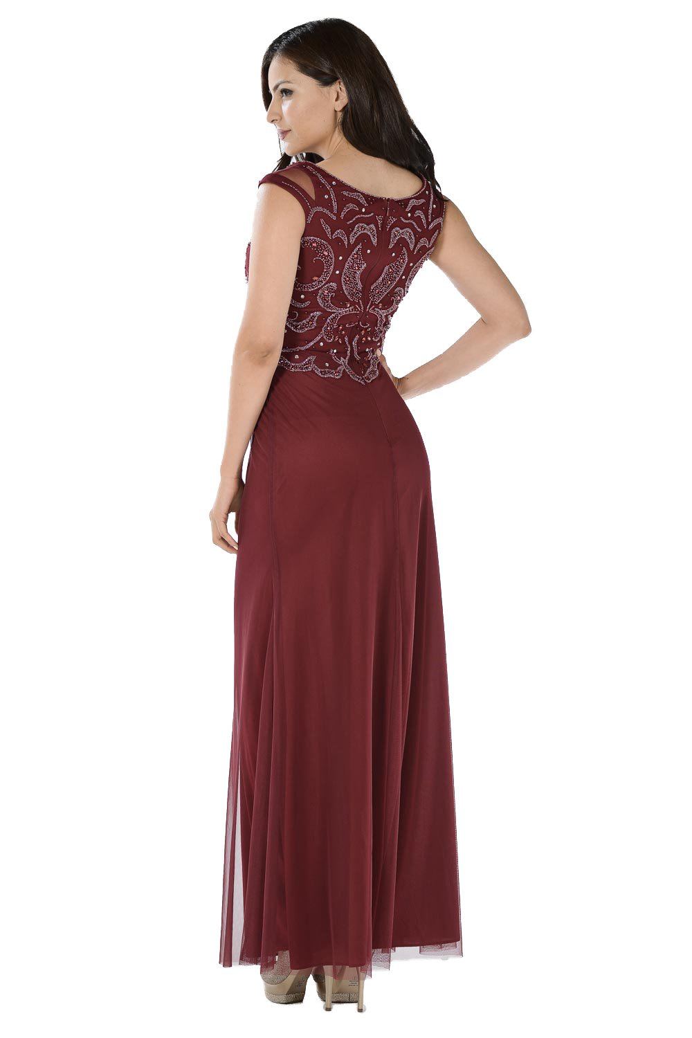 Burgundy Long Dress with Beaded Mesh Bodice by Poly USA-Long Formal Dresses-ABC Fashion