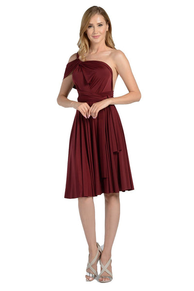 Burgundy Short Convertible Jersey Dress by Poly USA-Short Cocktail Dresses-ABC Fashion