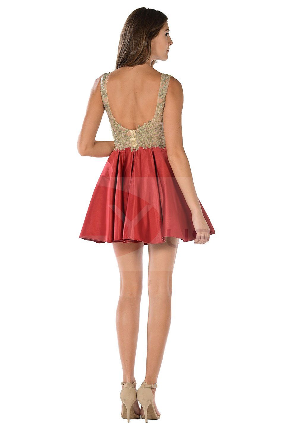 Burgundy Short Dress with Lace Applique Bodice by Poly USA-Short Cocktail Dresses-ABC Fashion