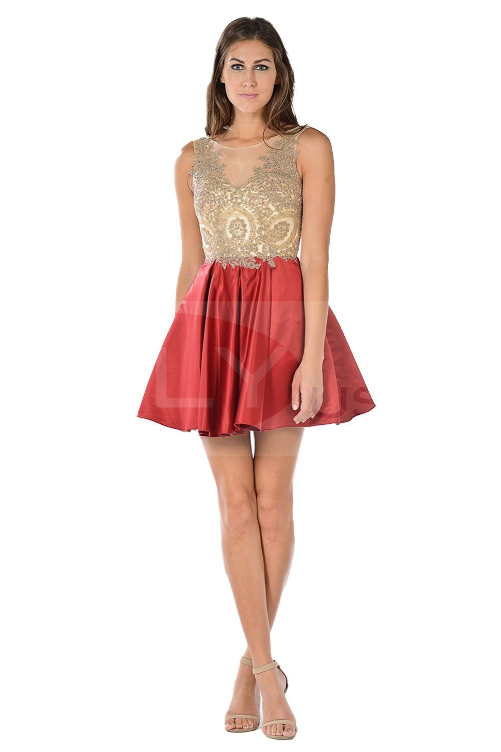 Burgundy Short Dress with Lace Applique Bodice by Poly USA-Short Cocktail Dresses-ABC Fashion