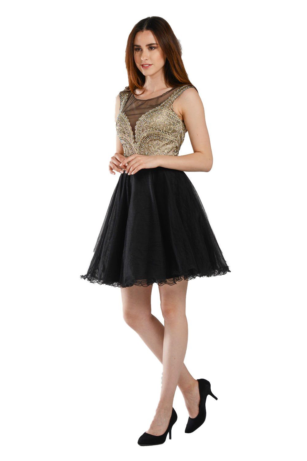 Burgundy Short Illusion Dress with Embroidered Top by Poly USA-Short Cocktail Dresses-ABC Fashion