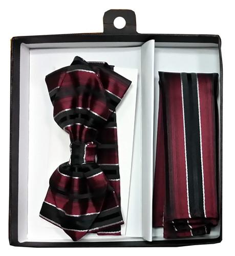 Burgundy/Black Striped Bow Tie with Pocket Square (Pointed Tip)-Men's Bow Ties-ABC Fashion