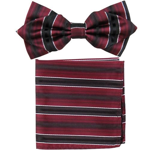 Burgundy/Black Striped Bow Tie with Pocket Square (Pointed Tip)-Men's Bow Ties-ABC Fashion