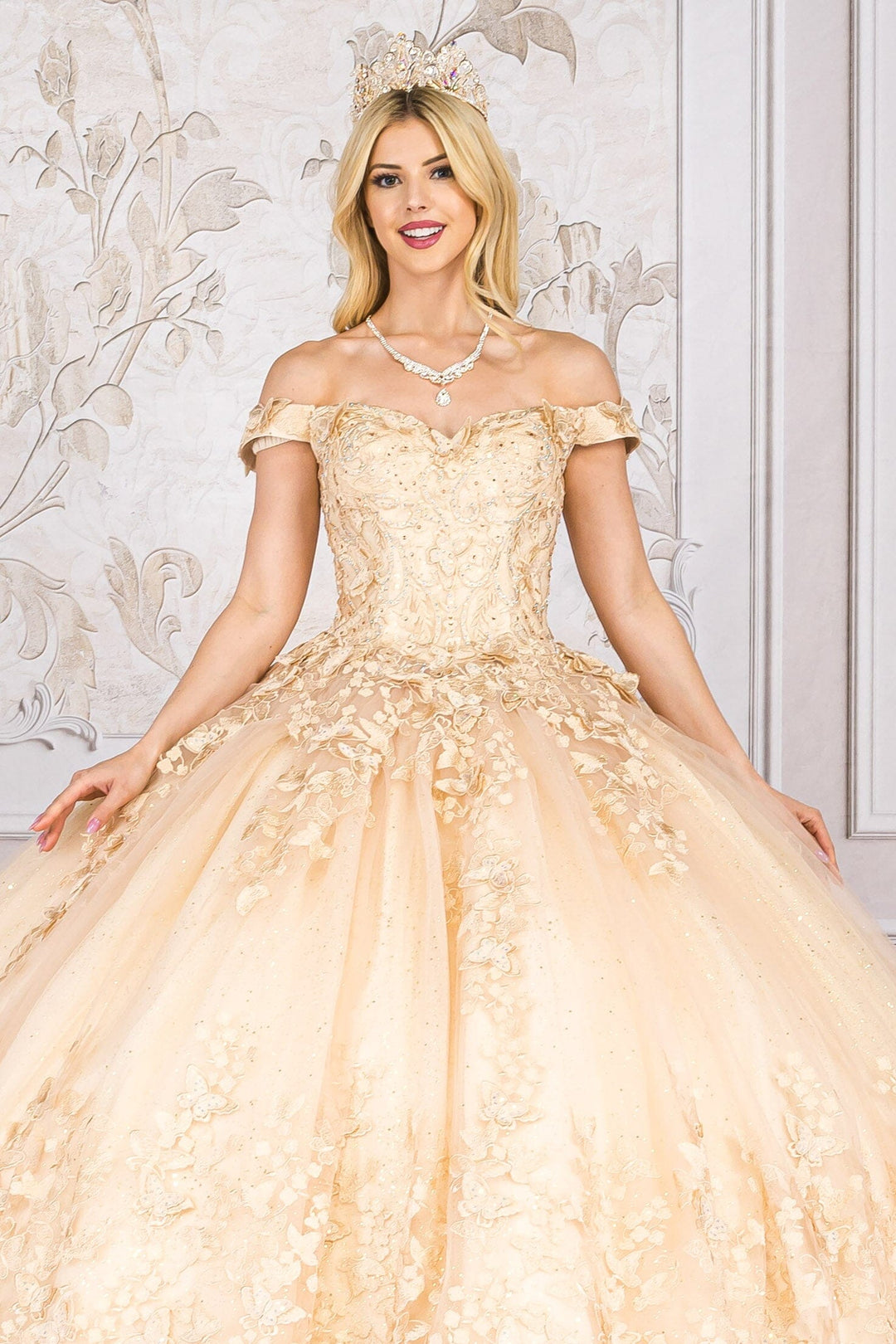 Butterfly Applique Off Shoulder Ball Gown by Petite Adele PQ1021