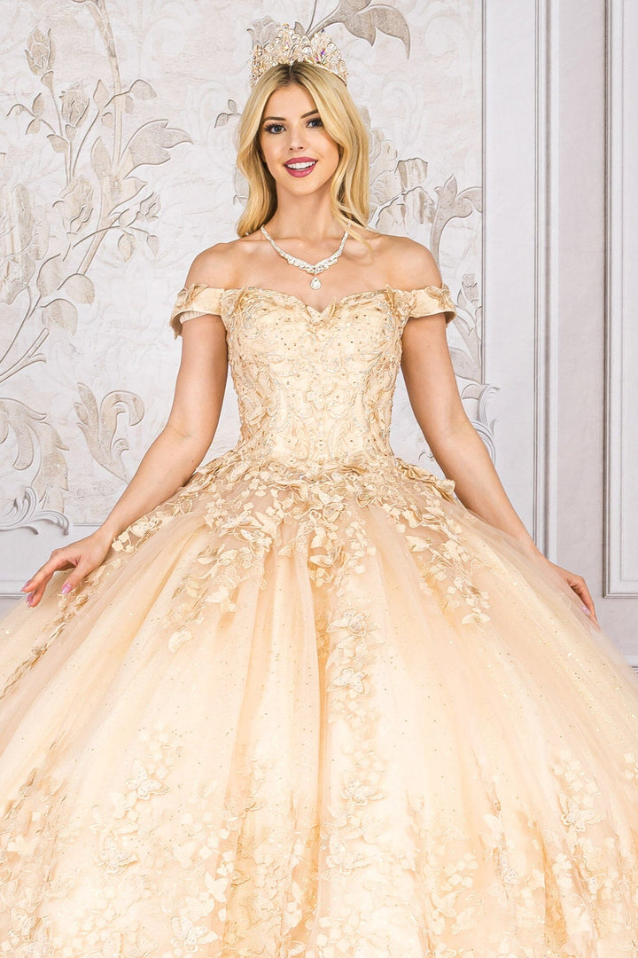 Butterfly Applique Off Shoulder Ball Gown by Petite Adele PQ1021