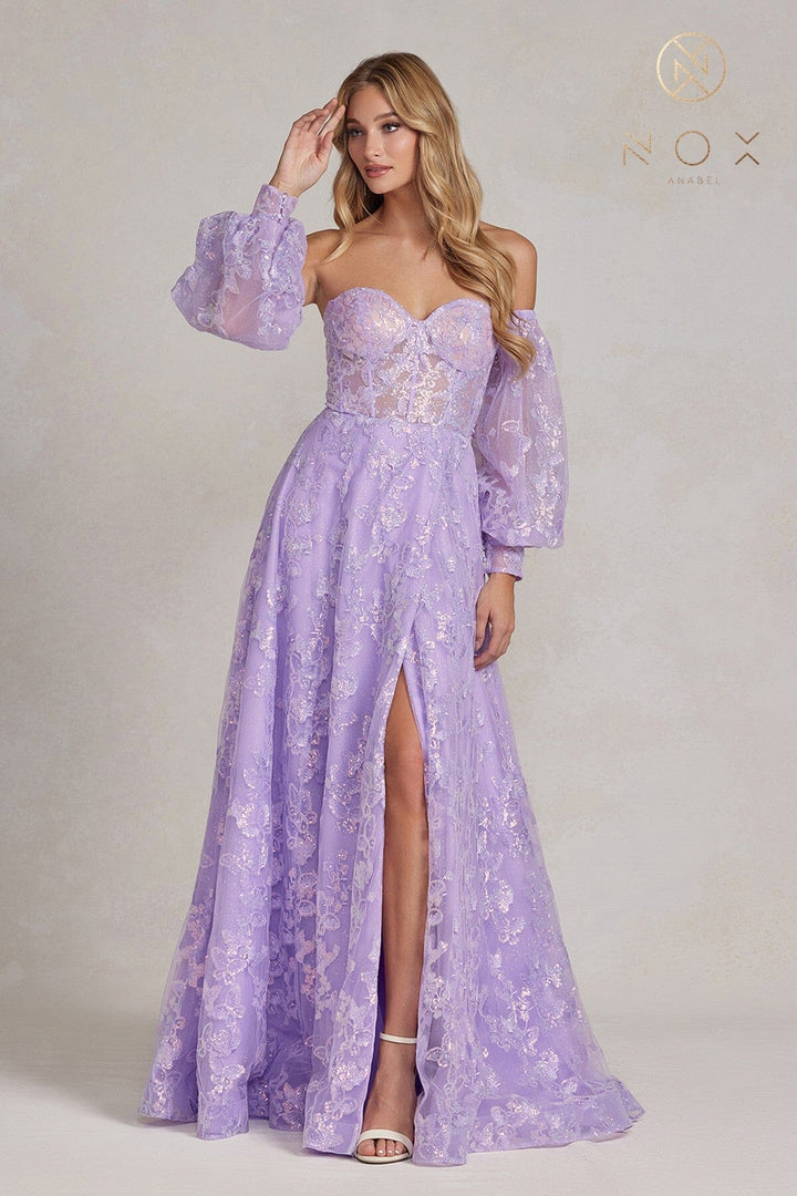 Butterfly Applique Puff Sleeve Gown by Nox Anabel K1155