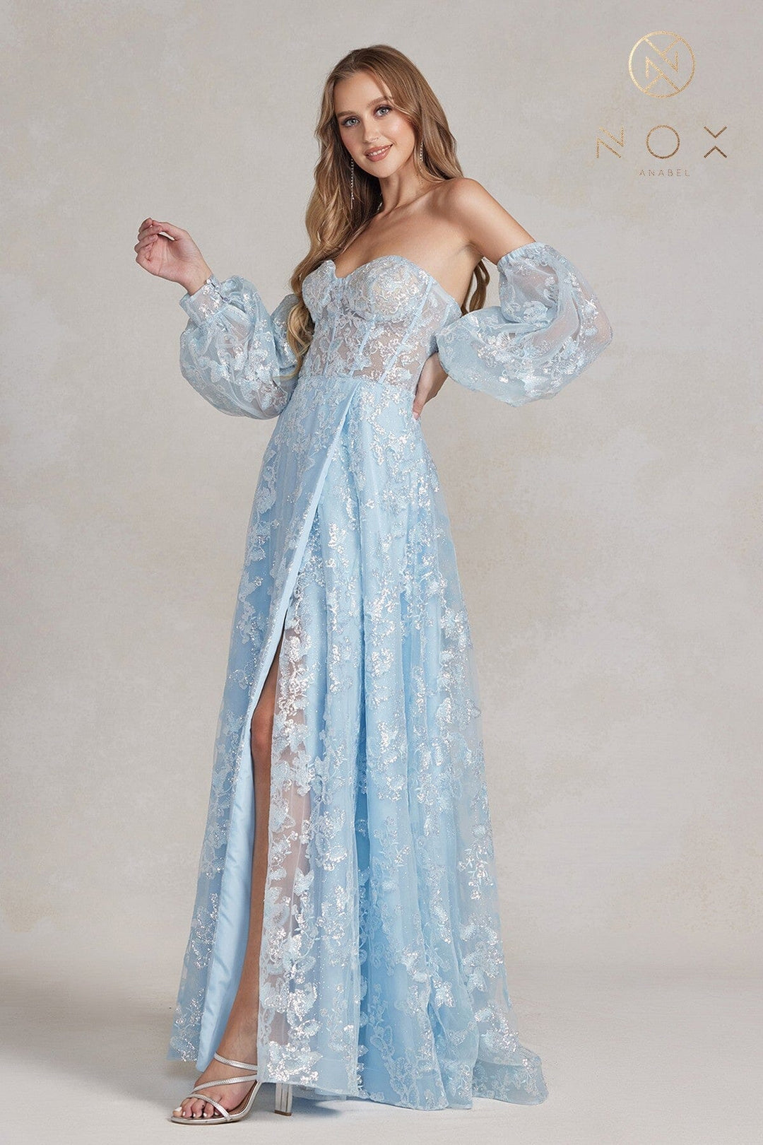 Butterfly Applique Puff Sleeve Gown by Nox Anabel K1155