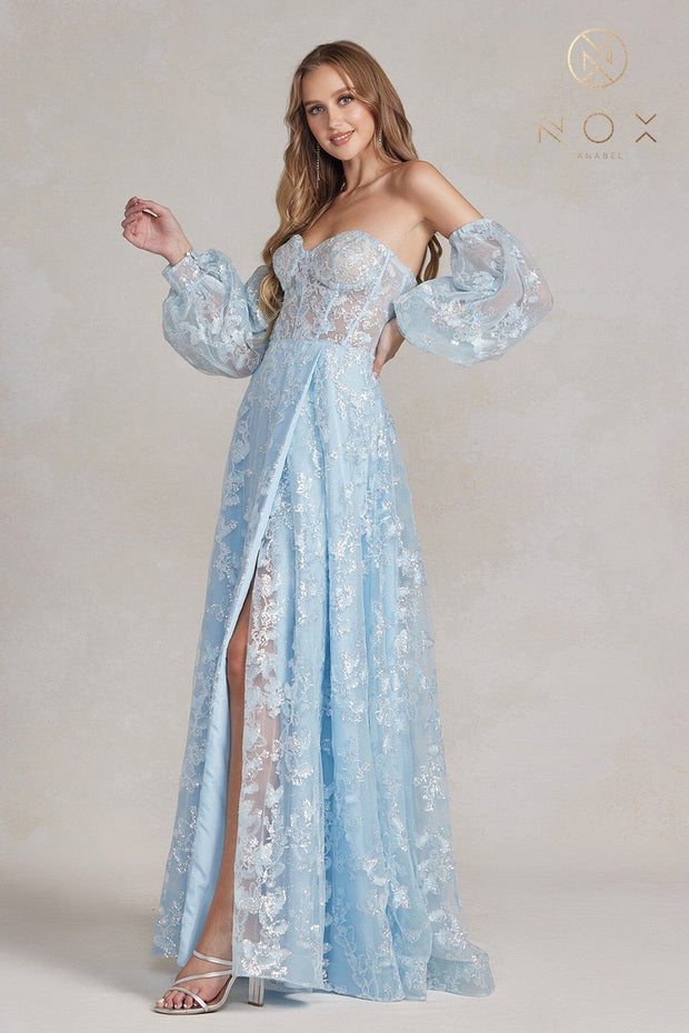 Butterfly Applique Puff Sleeve Gown by Nox Anabel K1155